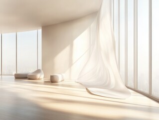 A large white curtain is blowing in the wind. The curtain is in front of a window. There are two chairs in the room