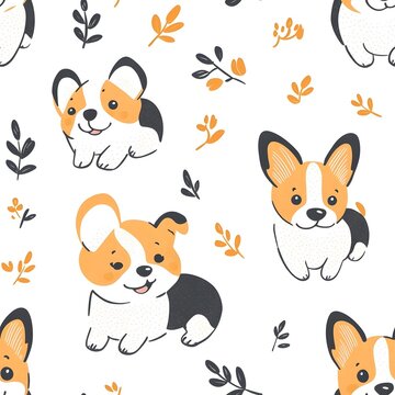 Seamless pattern of adorable corgi dogs with orange and black leaves on a white background