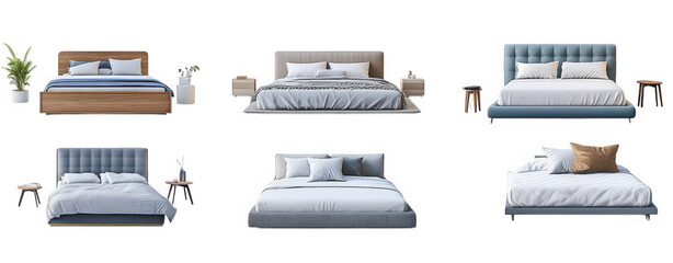 a collection of six distinct bed designs. each with varying styles and colors. set against a clean. white background the beds are accompanied by side tables and decorative elements. emphasizing modern