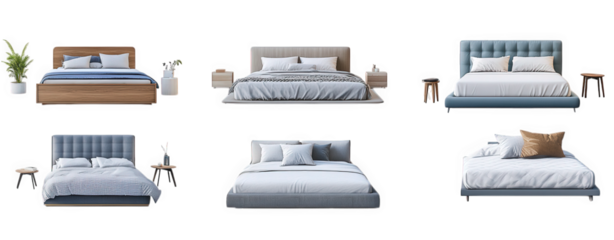 a collection of six distinct bed designs. each with varying styles and colors. set against a clean. white background the beds are accompanied by side tables and decorative elements. emphasizing modern