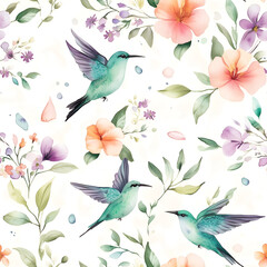 Watercolor hummingbird and tropical flower seamless pattern Repeating Pattern Tile