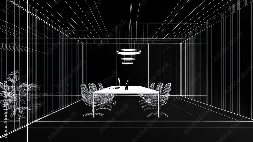 Poster wireframe rendering of modern minimalist conference room.