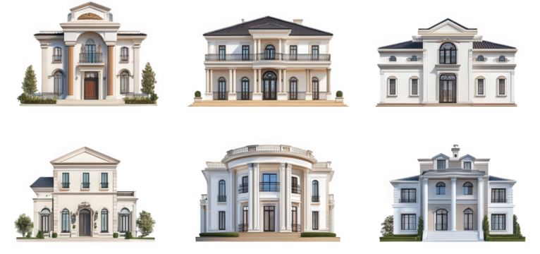 a collection of six architectural illustrations of elegant houses. each featuring distinct designs and styles. highlighting various elements of luxury residential architecture the houses are set again
