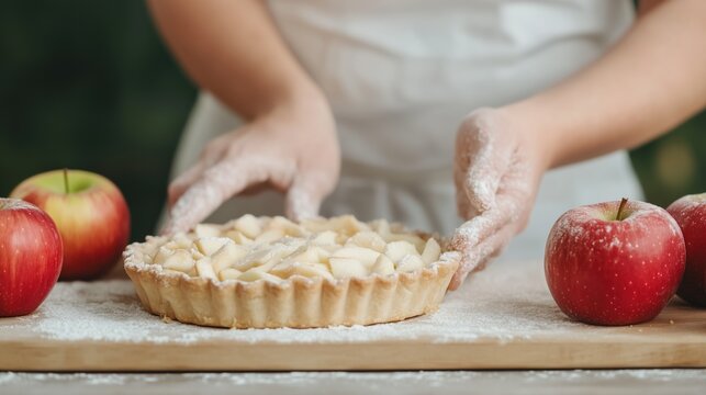 Cinematic Close-Up of Baker Preparing Apple Tart with Flour-Dusted Hands in Rustic Kitchen Setting, Emphasizing Autumn Seasonal Elements and Culinary Artistry for Cozy Cooking Scene