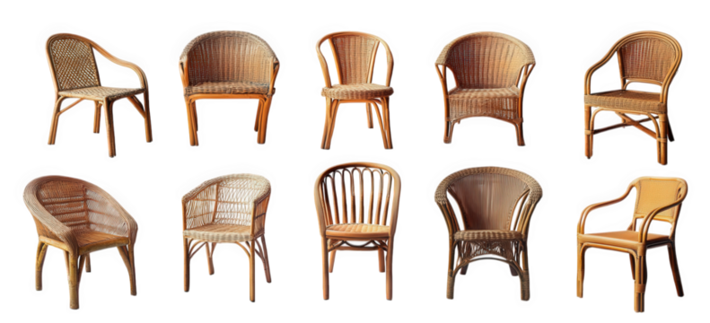 collection of ten different styles of woven chairs. showcasing various designs and shapes the chairs are made from natural materials. emphasizing their aesthetic appeal and suitability for both indoor