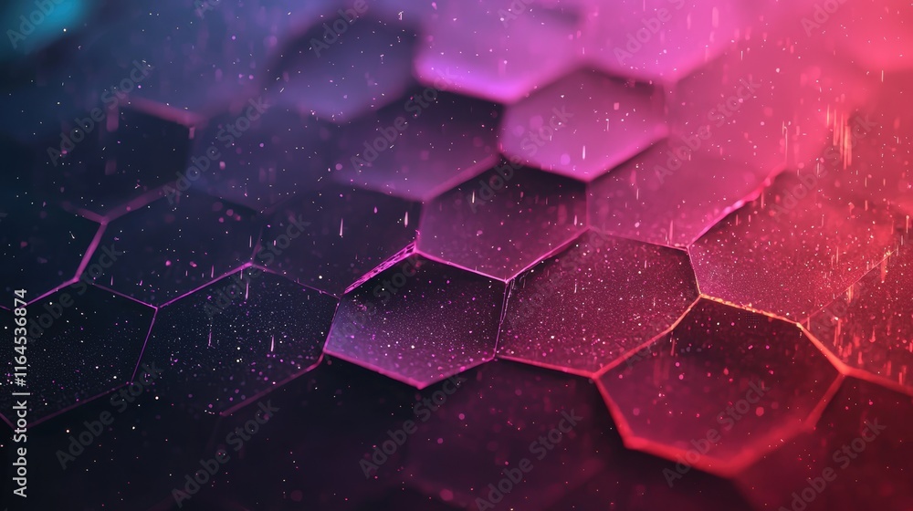 Poster abstract hexagonal pattern with rain and neon light reflections