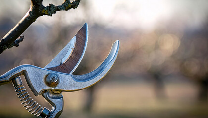 A gleaming pruning shear reflects gentle sunlight, poised for action against a backdrop of dormant fruit trees. February marks the season of preparation for blooming gardens and orchards