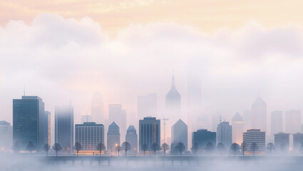 Downtown cityscape emerging from fog at dawn