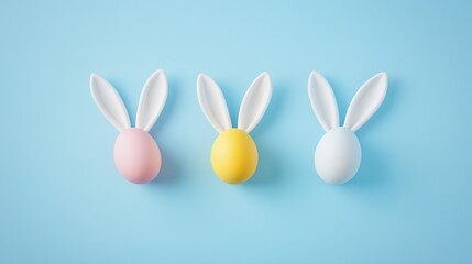 Three Easter eggs with bunny ears in pastel colors on a light blue background, simple and cute Easter decoration.