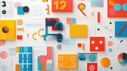 Colorful abstract geometric shapes and numbers on white background.