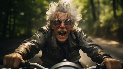 Fototapeta premium An elderly man with gray hair rides a motorcycle through a forested road, wearing a leather jacket