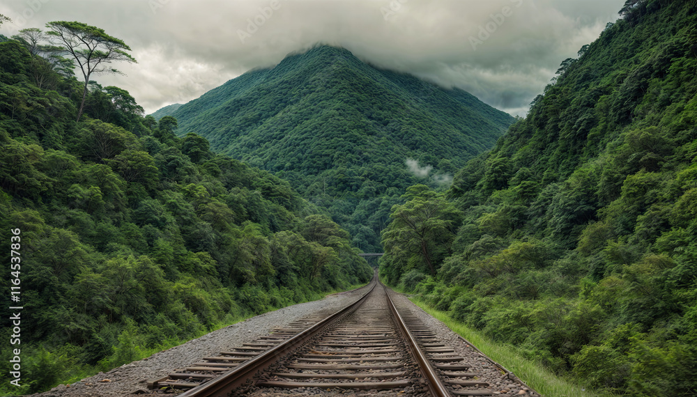 Poster train tracks extend through a dense forest, flanked by tall mountains shrouded in clouds, creating a