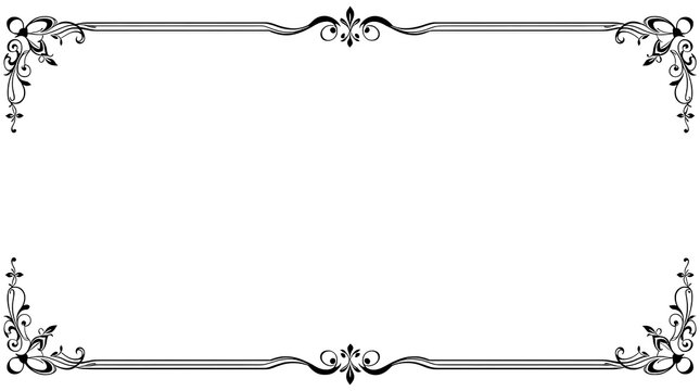 Minimalist black border frame with elegant corner flourishes and fleur-de-lis accents. Perfect for certificates, invitations, menus, and modern documents requiring refined decoration.