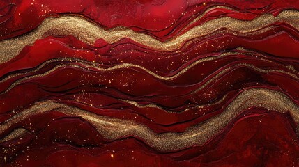 Obraz premium Rippled red textures with embedded golden sparkles and glowing lines for a luxurious abstract design.