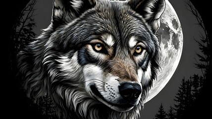 Nature-inspired tattoo featuring a realistic wolf portrait ,and a full moon, in black and gray realism,Generative Ai
