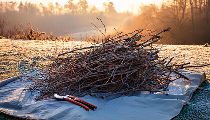 A mound of tangled twigs and branches rests on a tarp over frosty ground, showcasing the diligent work of a gardener in late winter preparing fruit trees for spring pruning