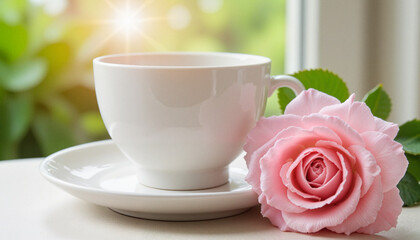 Fototapeta premium White cup with pink rose on saucer by window