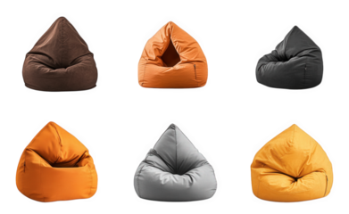 collection of six bean bags in various colors. including brown. orange. gray. and black these soft. triangular-shaped seating options are designed for comfort and relaxation. making them ideal for cas