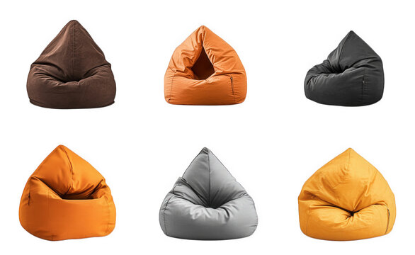 collection of six bean bags in various colors. including brown. orange. gray. and black these soft. triangular-shaped seating options are designed for comfort and relaxation. making them ideal for cas