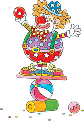 Funny red curly-headed clown equilibrist playing and balancing on a colorful ball, board and cylinder in a fun circus performance, vector cartoon illustration on a white background
