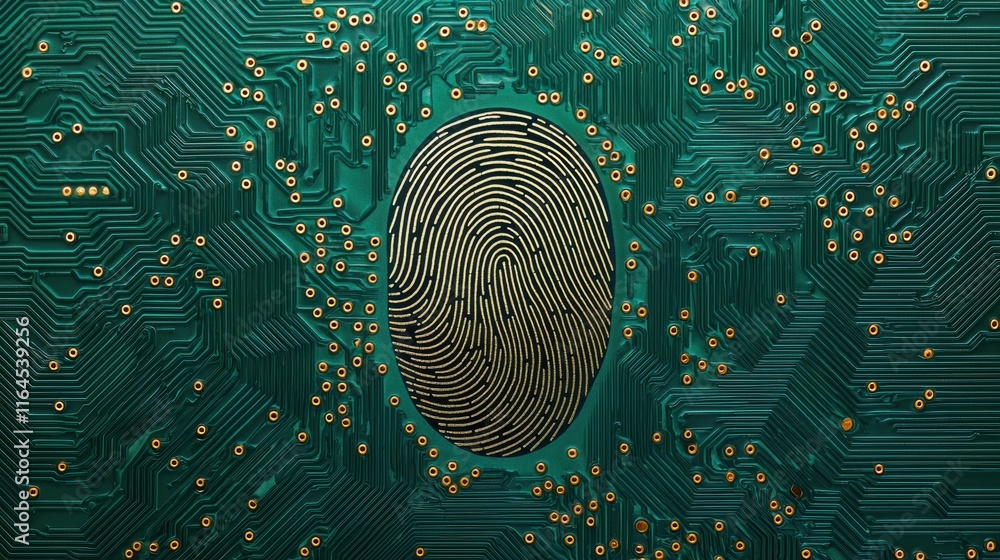 Poster digital fingerprint on circuit board background with gold elements