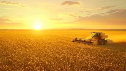 Naklejka premium A combine harvester operates in a golden wheat field at sunset.