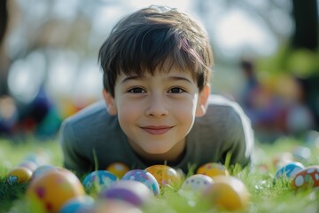  Happy Boy Lying in Grass with Colorful Easter Eggs A Cheerful Celebration of Spring and Childhood Joy