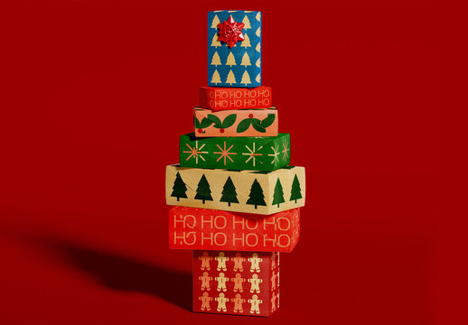 Stacked Packaging Box with Lid and Bow Mockup