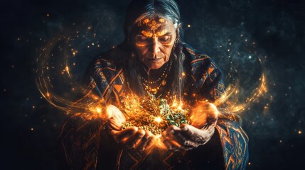 Enigmatic Elder Holding Mystical Light in Hands - Spirituality and Magic