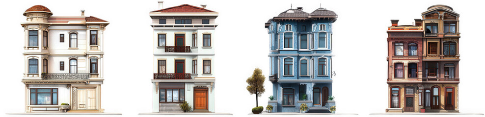 Fototapeta premium four distinct architectural designs of buildings. showcasing a variety of styles and colors each building has unique features such as balconies. decorative elements. and varied roof designs. highlight