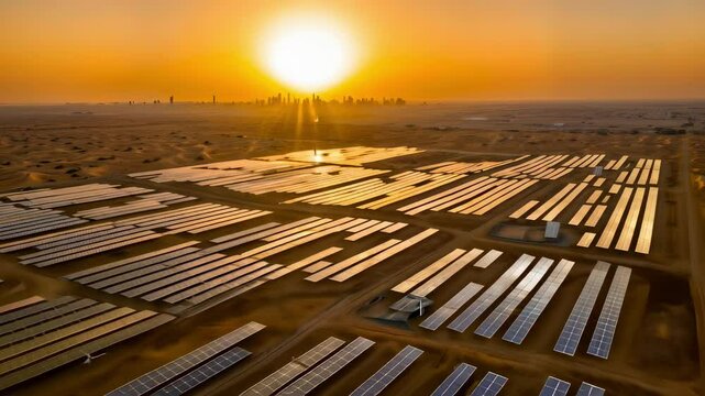 Solar panels spanning arid terrain, gleaming under golden rays with skyscrapers silhouetted, capturing sustainable energy infrastructure during vibrant sunset. Solar energy in implementation
