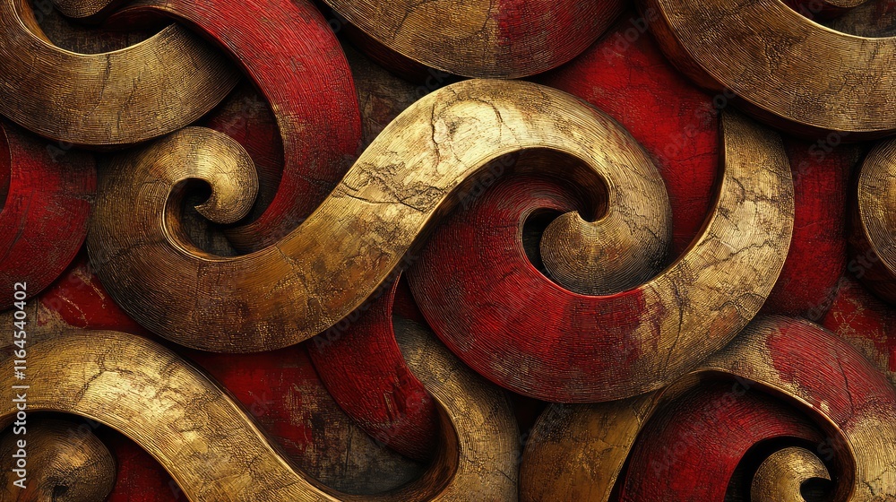 Poster shimmering abstract gold ingots intertwined with swirling red patterns, symbolizing prosperity.