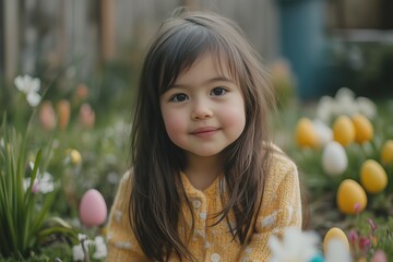  Adorable Little Girl in a Garden with Easter Eggs A Portrait of Childhood Innocence and Springtime Festivities