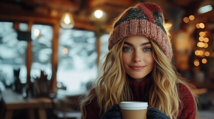 Cheerful woman enjoying coffee indoors on a cozy winter afternoon with warm atmosphere