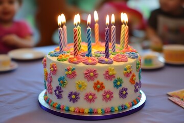  Colorful Birthday Cake with Lit Candles and Flower Decorations A Festive Celebration for Children's Parties