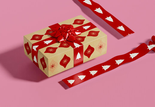 Square Gift Box with Ribbon Mockup 