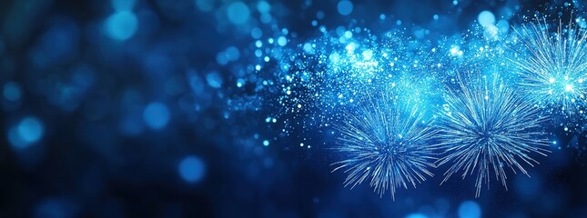 Fototapeta premium A vibrant blue background with fireworks, creating an enchanting atmosphere for New Year's Eve celebrations or other festive events.