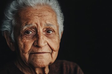 Fototapeta premium Elderly Woman with Deep Expression Against Dark Background: Wisdom of Aging