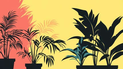 Fototapeta premium Silhouette tropical plants in pots on yellow background.