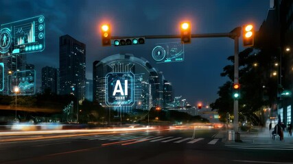 Ai powered traffic control analyzing urban mobility patterns, processing real time data across illuminated metropolitan network during dark city environment. Concept artificial intelligence - Powered by Adobe