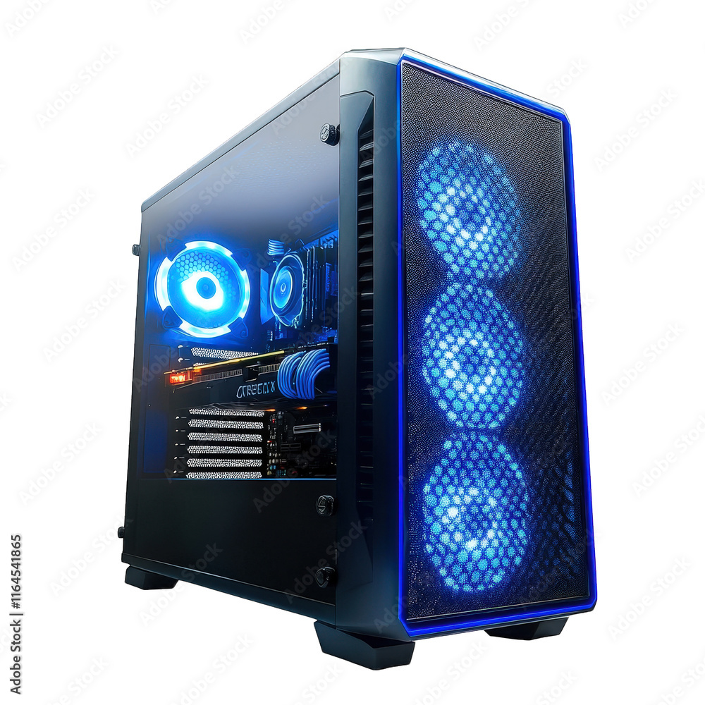Fototapete a modern gaming computer tower with a transparent side panel. illuminated by blue led lighting the i