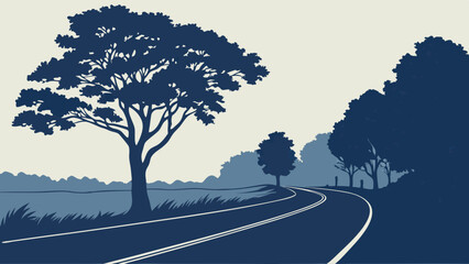 Serene Country Road: Winding road through lush countryside, vector illustration, nature, landscape, travel, journey, road trip, scenic route, trees, silhouette, peaceful, tranquil, calm, relaxing. © TShirt Empire