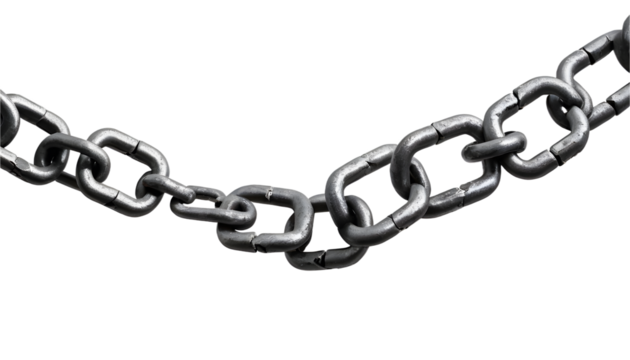 Broken metal chain link against transparent background