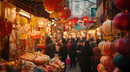 A festive street market filled with Spring Festival decorations, vendors selling lanterns, and crowds shopping joyfully.