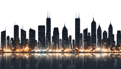 Silhouetted Cityscape at Night Reflected in Water