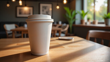 Obraz premium Coffee cup on wooden table in cozy cafe