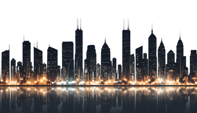 Silhouetted Cityscape at Night Reflected in Water - Powered by Adobe