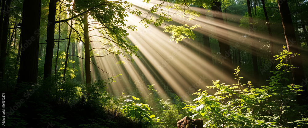 Poster sunlight filters through tall trees, creating a magical glow in a vibrant forest. soft rays illumina