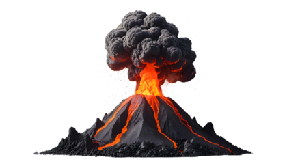 Erupting Volcano with Lava Flow Isolated on Transparent Background