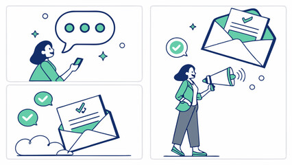Effective Communication: A vibrant illustration showcasing four scenes of successful communication—messaging, email delivery, and announcements—using a minimalist, modern design style.